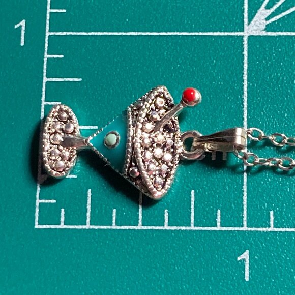 Martini Cocktail Drink Cup Glass Charm Necklace Pendant Aqua Enamel 18" Chain - Picture 9 of 9